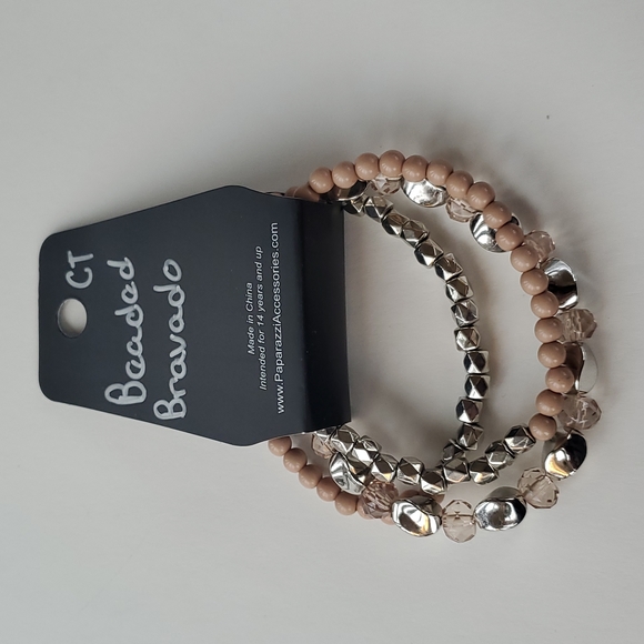 Boutique Paparazzi Beige and Silver 3 Strand Stretchy Fashion Bracelets - Picture 4 of 5